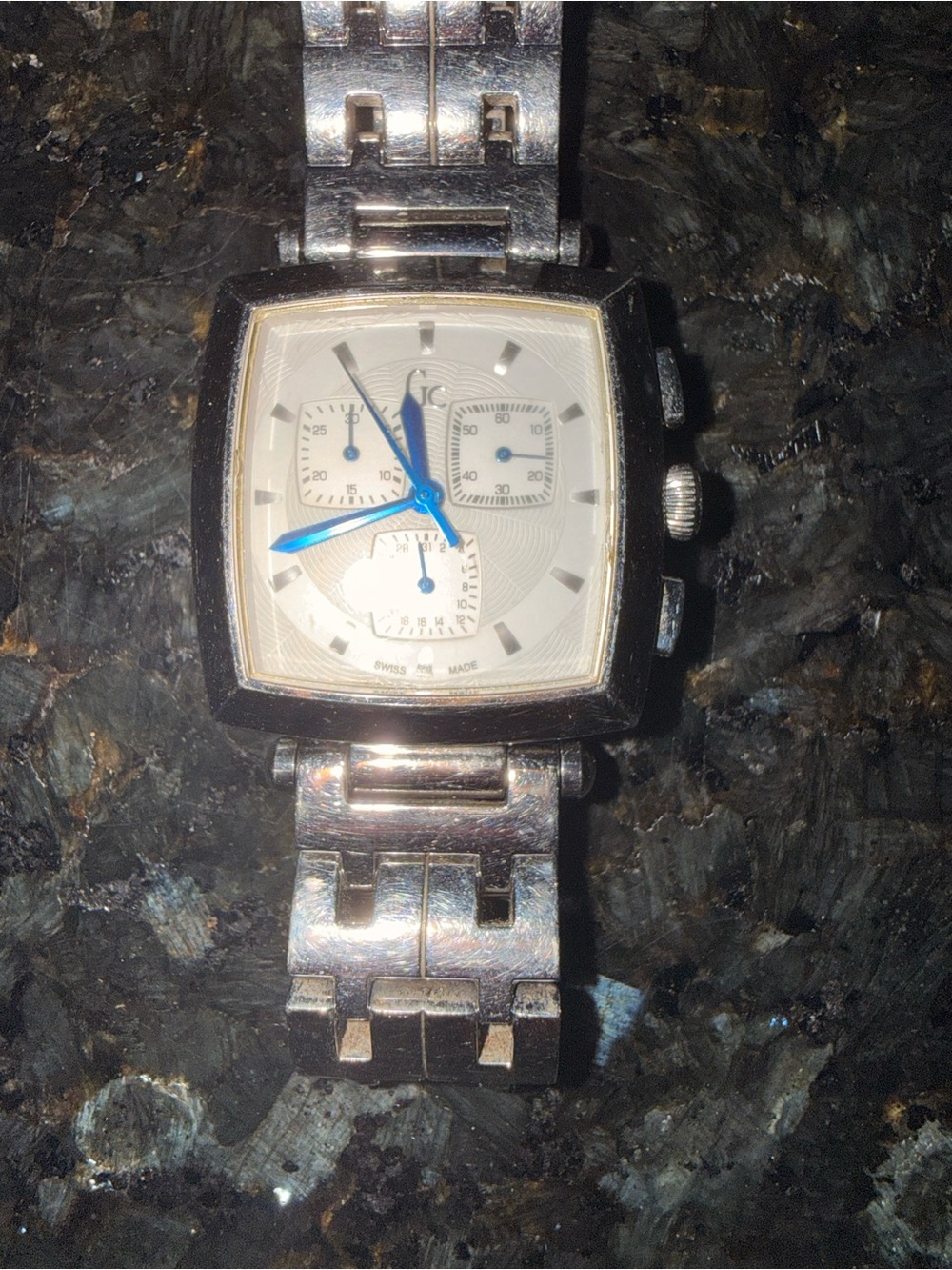 GuessSquare Silver Chronograph Watch with Blue Hands